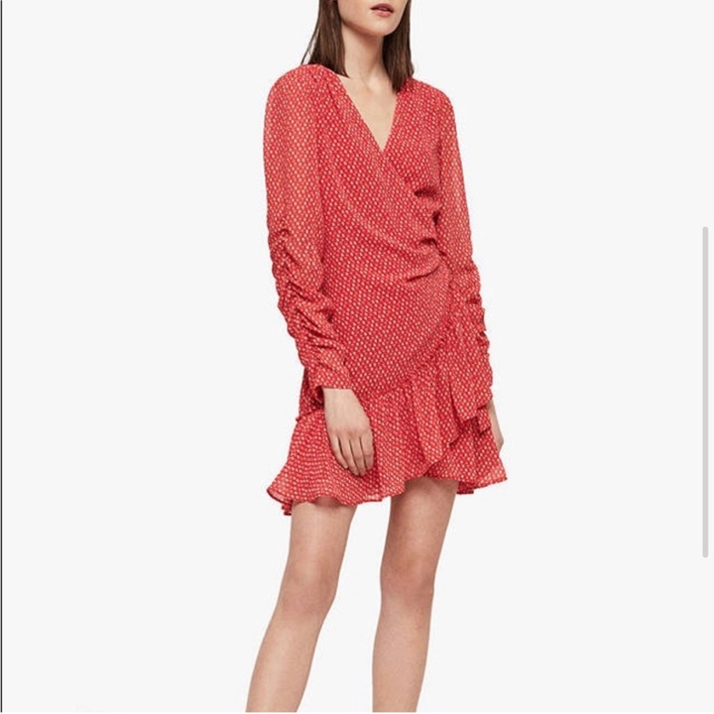 All Saints Red Flores Ruffle Wrap Dress